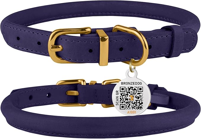 BronzeDog Rolled Leather Dog Collar with QR ID Tag, Adjustable Soft Round Collars for Small Medium Large Dogs Puppy (14" - 16" Neck Size, Violet)