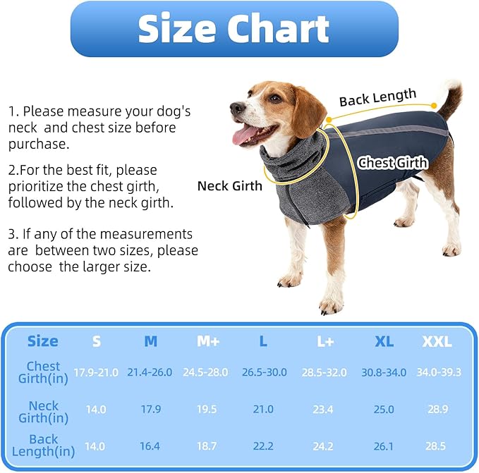 SlowTon Winter Dog Coat, Warm Polar Fleece Lining Doggie Outdoor Jacket with Turtleneck Scarf Reflective Stripe Adjustable Waterproof Windproof Puppy Vest Soft Pet Outfits (M+,Dark Blue)