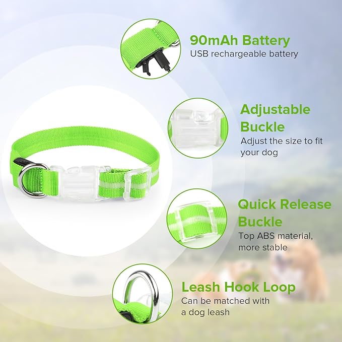 JewyowLight Up Dog Collar, Adjustable USB Rechargeable Glow in Dark Dog Collar ，Waterproof Dog Collars for Large Dogs (Green, Large)