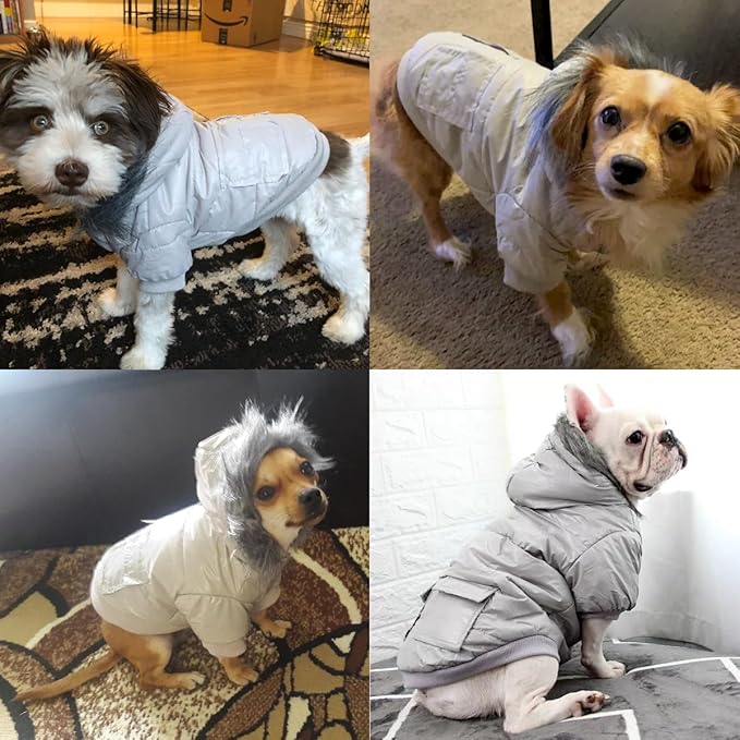 LESYPET Dog Coat for Small Dogs, Windproof Doggie Puffer Jacket with Leash Hole, Extra Warm Dog Jacket Winter Coat, Grey XL