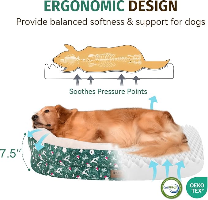 Orthopedic Washable Large Dog Bed: Memory Foam Waterproof Pet Bed with Bolsters - Removable Washable Cover for L XL XXL Large Sized Dog Bed - Non-Slip Bottom - Green
