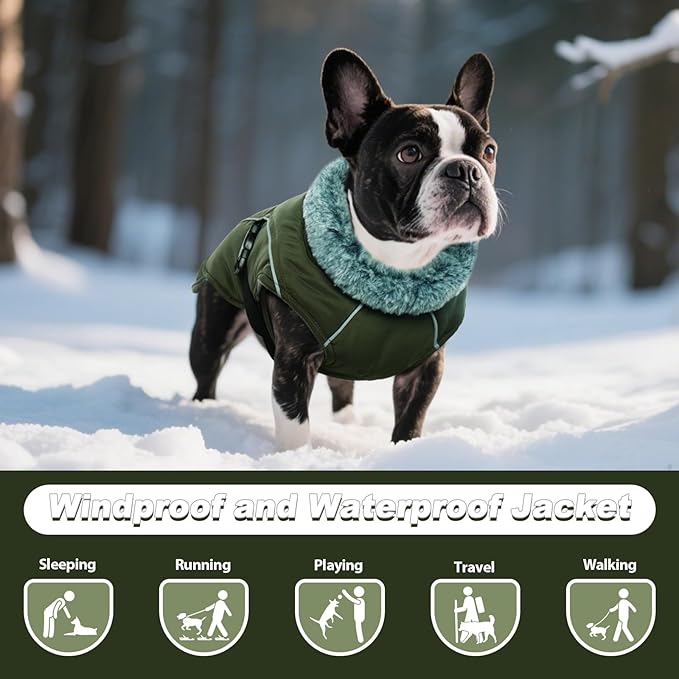 DENTRUN Dog Winter Coat - Windproof Reflective Jacket, Plush Turtleneck & Adjustable Belt, Water Repellent Fleece Lined Cold Weather Vest for Corgi Bulldog, Army Green, L