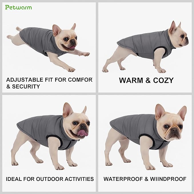 PetWarm Reversible Dog Cold Weather Coats, Waterproof Dog Puffer Vest, Vest for Dogs with Hook-and-Loop Strap, Windproof Outdoor Coat for Winter Walks and Snowy Days, Grey, XS