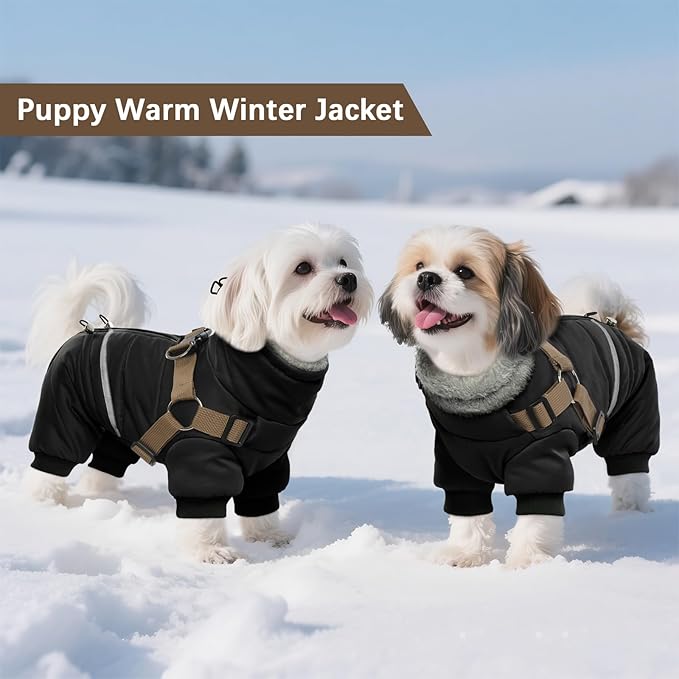 BRKURLEG Black Dog Coat with Harness, Dog Winter Jacket, Dogs Onesie Body Warm Jackets, Small Dogs Winter Coats Reflective Windproof Warm Cold Weather Coats, Pet Waterproof Jacket Hiking S