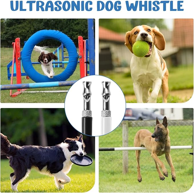 Dog Whistle, 2Pcs Dog Whistle to Stop Barking Neighbors Dog - Adjustable Ultrasonic to Stop Barking and Recall Training with Lanyard (Black and White)