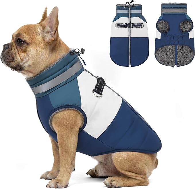 azuza Dog Jacket for Small Dogs Waterproof Dog Coat with Reflective Strips and Harness Built in Warm Fleece Dogs Winter Coat Windproof with Back Zipper, Navy M