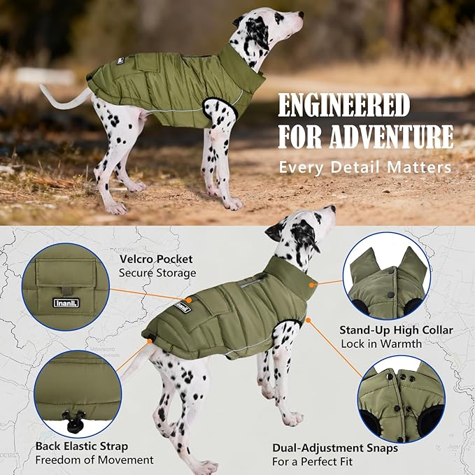 Dog Winter Jacket Waterproof, Reflective Fleece Lined Dog Coats for Small Medium Large Dogs, Warm Snow Coat for Dogs, Insulated Cold Weather Dogs Puffer Jackets with Leash Hole, Olive, 2XL