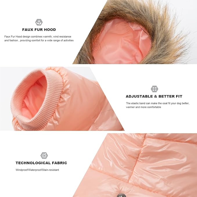 PINA Dog Winter Coat with Faux Fur Hood, Windproof and Warm, Suitable for Small to Large Dogs, Pink, XXL