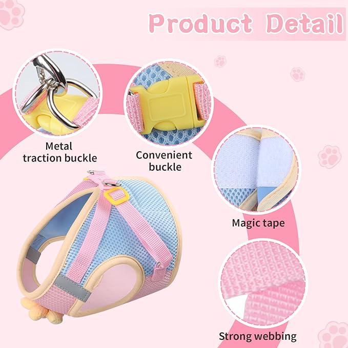 Cat Harness and Leash Set for Walking Escape Proof, Adjustable Kitten Harness Breathable Mesh with Reflective Strips Harness with Flower for Kitty Puppy Bunny Pink L