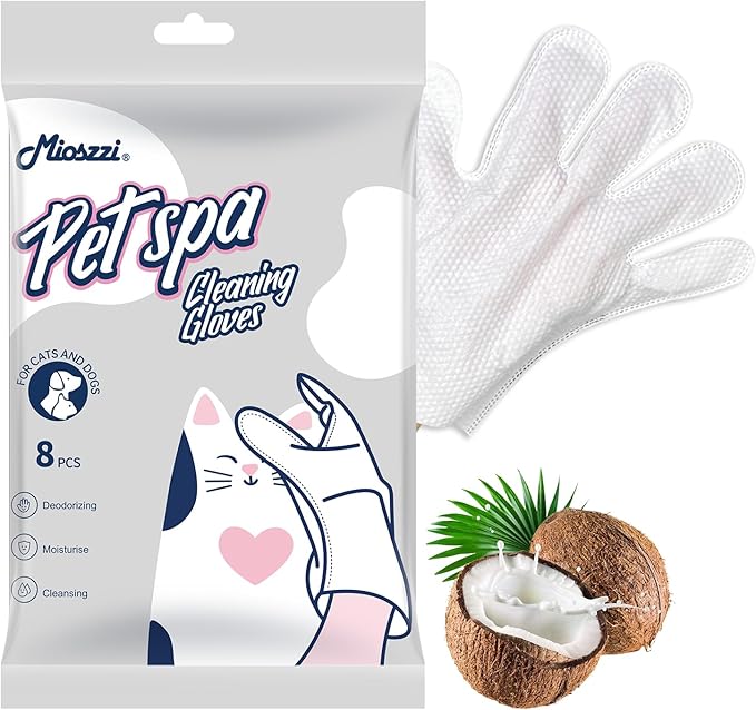 MIOSSZI Pet Gloves Wipes for Dogs & Cats Wipes Cleaning Deodorizing Hypoallergenic No-Rinse Pet Grooming Wipes Unscented Extra Thick Bathing Wipes for Pet Dry Cleaning Daily Care and Travel 8 pcs