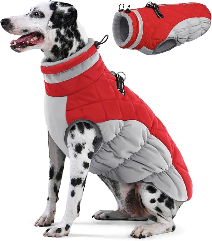 AOFITEE Dog Coat, Warm Dog Winter Coat for Large Dogs, Reflective Turtleneck Dogs Jacket with Harness Built in, Waterproof Windproof Pet Puffer Jacket Fleece Vest for Cold Weather, Christmas Red