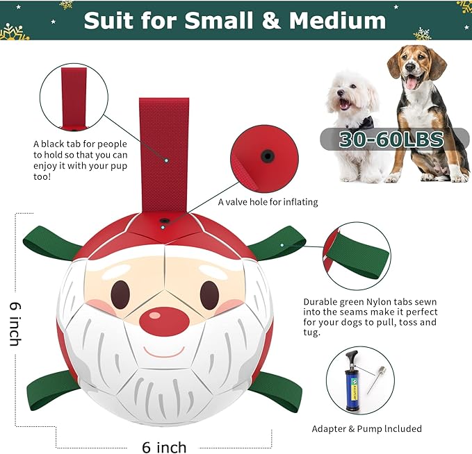 QDAN Christmas Dog Balls with Straps, Soccer Ball for Dogs for Small Medium Breed, Tug Toys for Dog Birthday, 6 Inch Outdoor Dog Toys for Fun