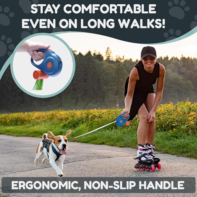 Retractable Dog Leash for Small and Medium Dogs 16 ft, Heavy Duty Nylon Rope with Poop Bag Dispenser, Impact Proof Carabiner, Anti-Slip Handle (Blue, 16FT)