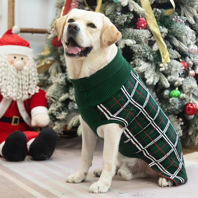 PUPTECK Dog Sweaters for Large Medium Small Dogs - Fall Classic Plaid Style Puppy Holiday Winter Coat Clothes Warm, Green, S