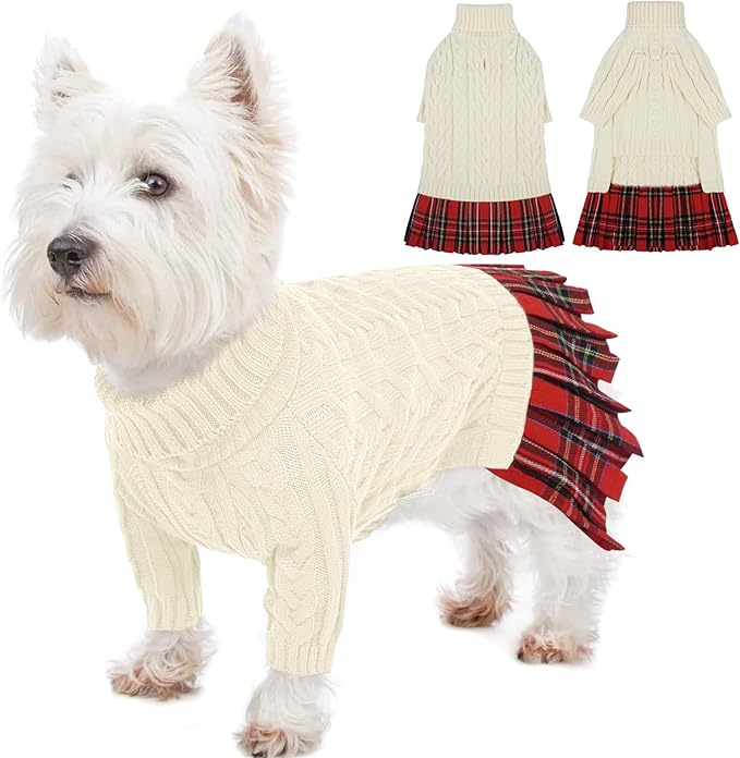 IECOii Girl Dog Sweater Dress - Cable Knit Dog Sweater for Small Dogs Girl - Beige,Medium, Turtleneck Pullover Sweaters with Tartan Plaid Skirt, Adorable Warm Dog Knitted Dress for Christmas