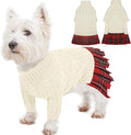 IECOii Girl Dog Sweater Dress - Cable Knit Dog Sweater for Small Dogs Girl - Beige,Medium, Turtleneck Pullover Sweaters with Tartan Plaid Skirt, Adorable Warm Dog Knitted Dress for Christmas