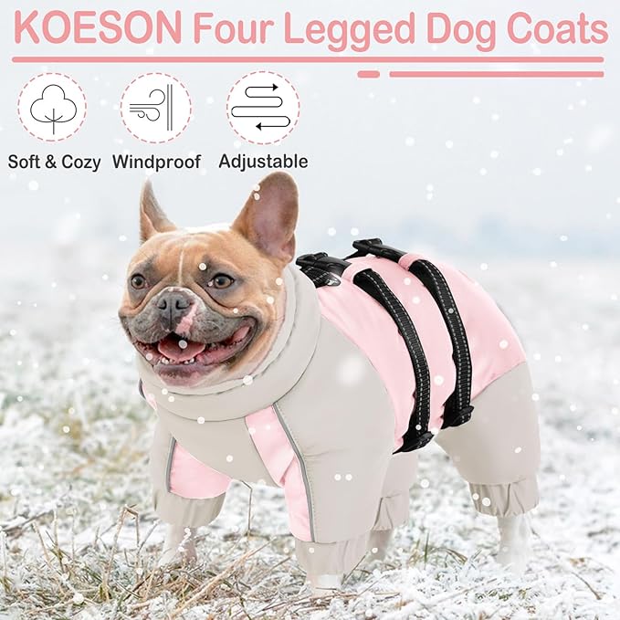 KOESON Four Legged Warm Dog Jacket with Adjustable Buckles, Turtleneck Windproof Fleece Reflective Fullbody Puffer Coat - Pink Grey M