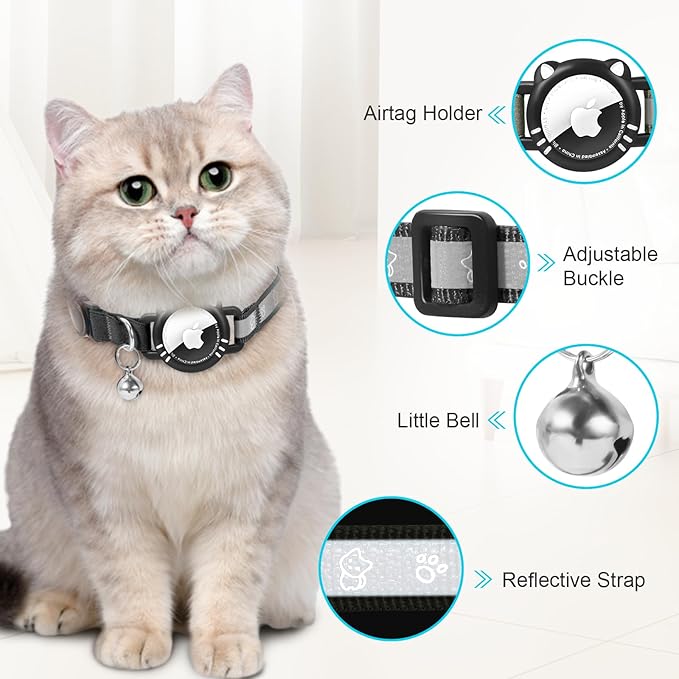 Airtag Cat Collar, Reflective Cat Collar with Apple Air Tag Holder, Breakaway GPS Tracker Pet Collar with Bell for Cat Kitten, Airtag Not Included, Black, XS(7-9 Inch)