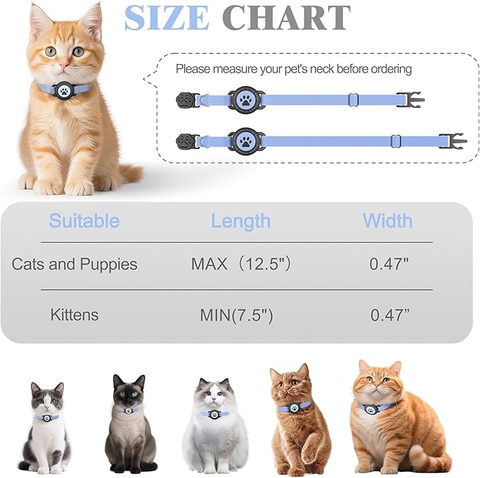 Airtag Cat Collar, Stretchy Kitten Collar with Apple Air Tag Holder, Lightweight and Comfortable, Ultra Elastic GPS Cat Collars for Cats Kittens and Puppies, 8-12.5 Inch, Blue