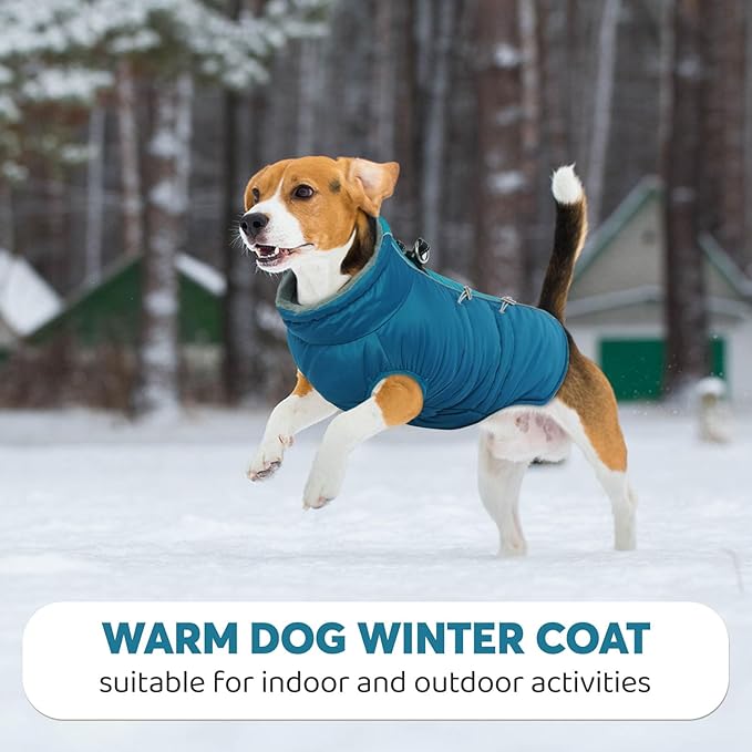 IDOMIK Warm Dog Coat with Harness, Waterproof Reflective Dog Jackets for Small Medium Large Dogs, Fleece High Collar Winter Jacket with Zipper, Pet Winter Snowsuit Clothes for Cold Weather,Blue L