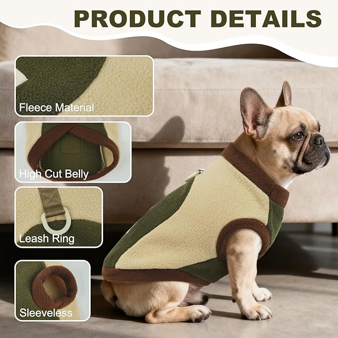 Dog Fleece Coat with Leash Ring, Winter & Fall, Warm Dog Sweater for Small Pets,Cold Weather Pullover Vest for Walking Soft Puppy Sweaters Indoor & Outdoor,Machine Washable,Army Green,Size M