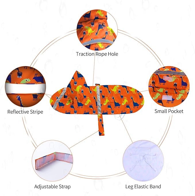 NACOCO Large Dog Raincoat Adjustable - Pet Dinosaurs Water Proof Clothes Lightweight Rain Jacket Poncho Hoodies with Strip Reflective Blue (M, Orange Dinosaur)