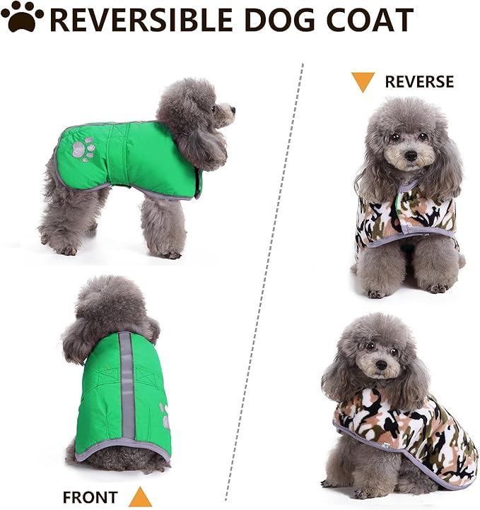 Queenmore Dog Winter Coat, Cold Weather Fleece Jacket for Dogs, Waterproof Reflective Reversible, for Small, Medium and Large Dogs (Green, 2XL)