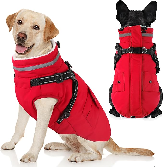Dogcheer Dog Coat with Harness, Waterproof Warm Dog Winter Jacket with Pockets, Reflective Pet Fleece Jacket Turtleneck Snowsuit for Small Medium Large Dogs - Red, 3XL