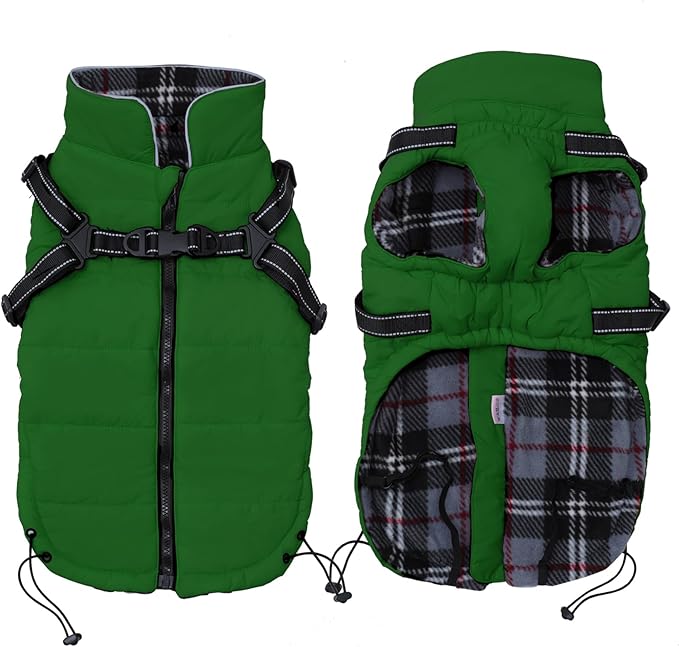 Geyecete Winter Warm Coat Waterproof Dog Winter Jacket with Harness Traction Belt,Pet Outdoor Jacket Dog Autumn and Winter Clothes for Medium, Small Dog-Green-S