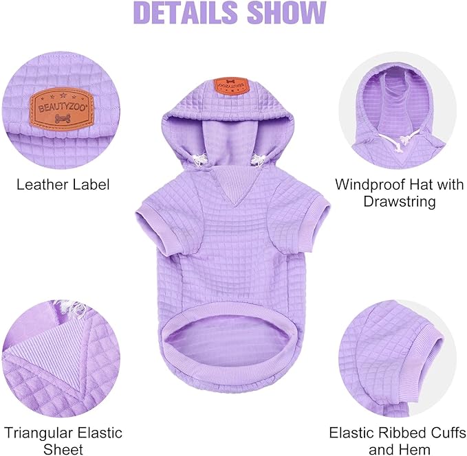 BEAUTYZOO Medium Dog Hoodie Sweater with Pockets, Dog Clothes for Small Medium Dogs Boy Girl, Waffle-Like Laminated Cotton Pet Coats with Hat and Leash Hole, Purple XL