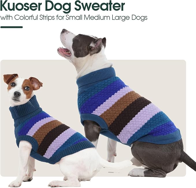 Kuoser Dog Sweater, Large Sweaters for Dog Girls Boys Christmas Thanksgiving Outfit, Thick Fall Winter Cable Knitwear, Pet Sweatshirt Warm Clothes Turtleneck Pullover, Blue L