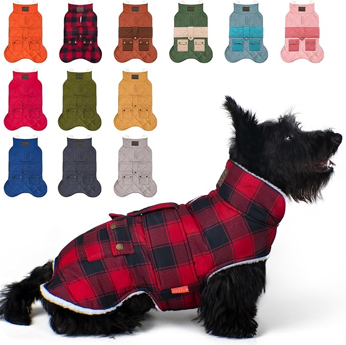 KYEESE Dog Coat Windproof Dog Coats for Small Dogs Waterproof Dogs Jacket with Fleece Lined Soft Pet Sweater for Cold Weather Warm Pet Winter Puffer Coat with Leash Hole Thick Cat Clothes with Pocket