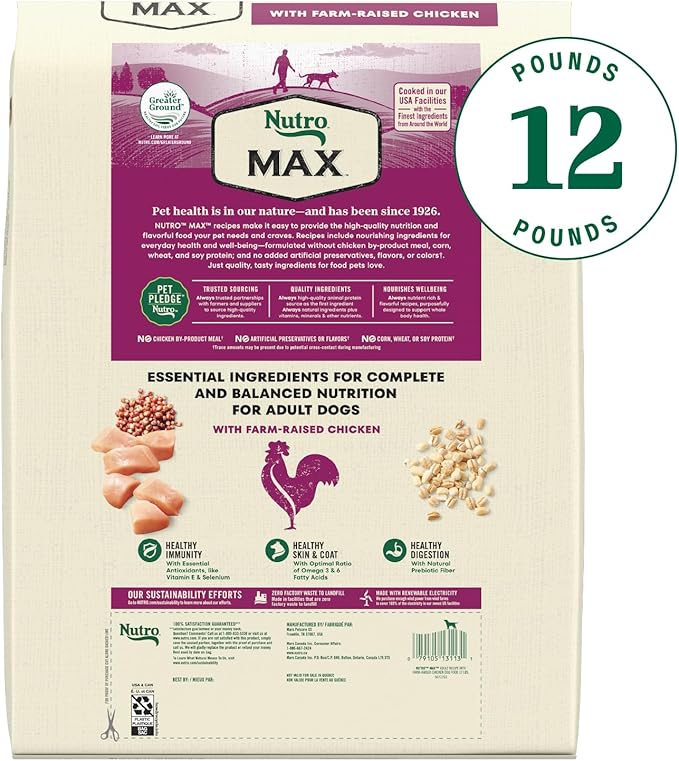 Nutro Max Adult Dry Dog Food with Farm-Raised Chicken, 12 lb Bag
