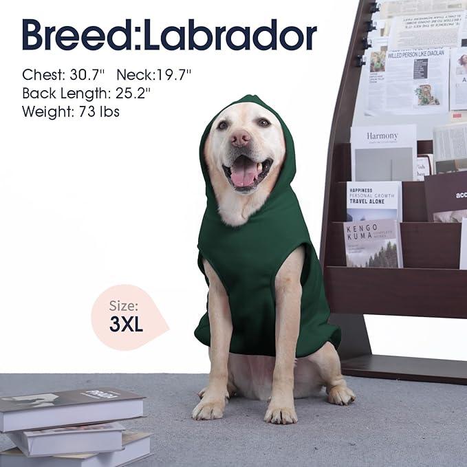 IECOii Dog Sweatshirt for Large Dogs, Hooded Fleece Vest with Leash Hole, XXXL Dogs Sweater for Giant Breed,Warm Polar Fleece Large Dog Hoodie for Fall Winter,Labrador,Doberman, Green, 3XL