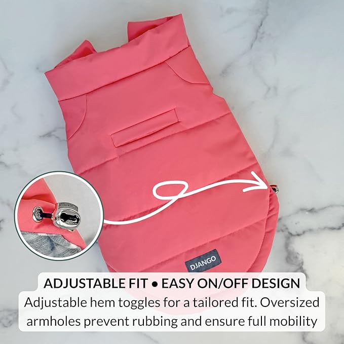 DJANGO Puffer Dog Coat – Warm Winter Dog Jacket & Water-Repellent Insulated Puffer Vest with Striped Lining, Harness Hole, Adjustable Fit for Small & Medium Dogs, Dachshunds – Rose Petal Pink, X-Small