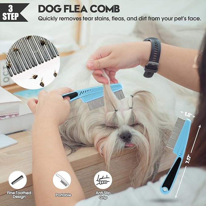 Dog Slicker Brush for Dogs Grooming Kit 4PCS | Large Dog Brush for Goldendoodles Poodles Doodles | Long Pin Haired Brush | Poodle Brushes and Comb (Blue)
