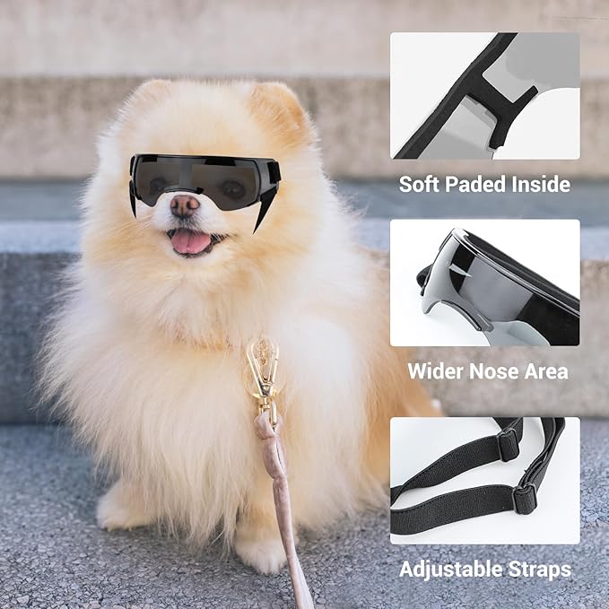 Dog Goggles Sunglasses Small to Medium Breed, Anti-Fog UV400 Lens Puppy Sunglasses, Adjustable Lightweight Doggie Goggles for UV, Wind, Snow, Dust Protection, Black