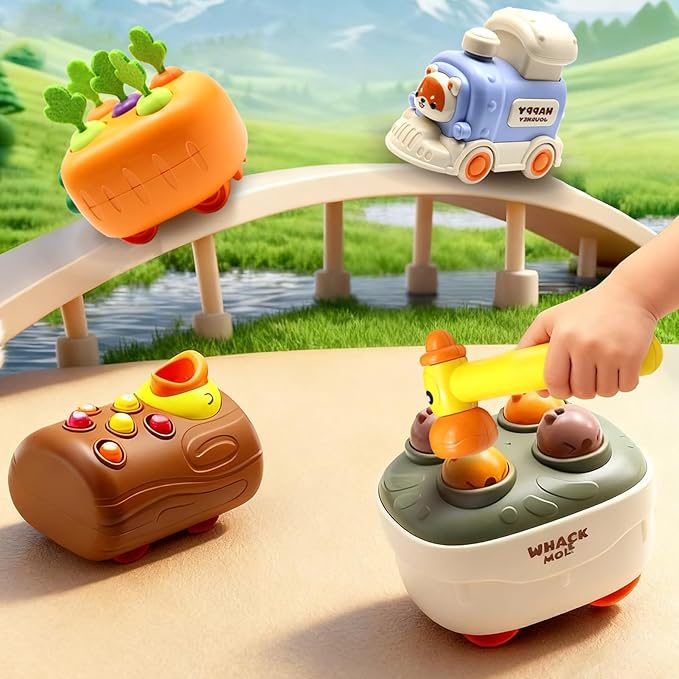 Press and Go Car Toys, Kids Push Car with Whack-A-Mole, Woodpecker Worm, Carrot Harvest Game, Car Racing Toy for Toddler Travel Toys, Baby Learning & Education Train Toys Birthday Boy Girl gift
