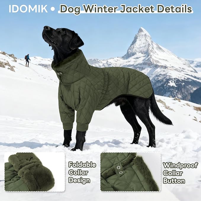 IDOMIK Dog Winter Coat for Large Dogs, Warm Dog Winter Jacket with Fleece High Collar, Zippered Cold Weather Coats for Dogs, Waterproof Doggy Snow Jacket Clothes,Green,L
