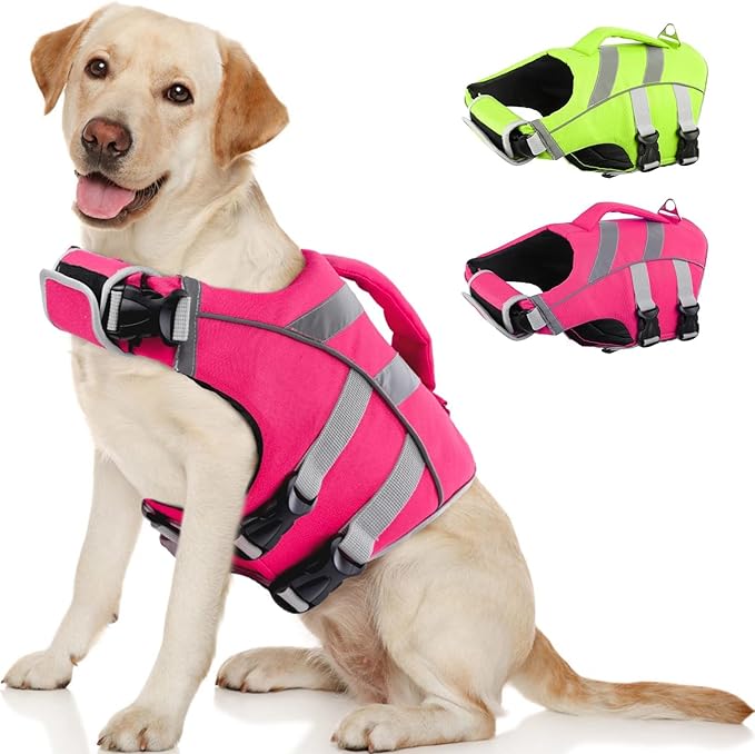 Kuoser Medium Dog Life Jackets - Reflective Swim Vests for Beach & Boating, Pink