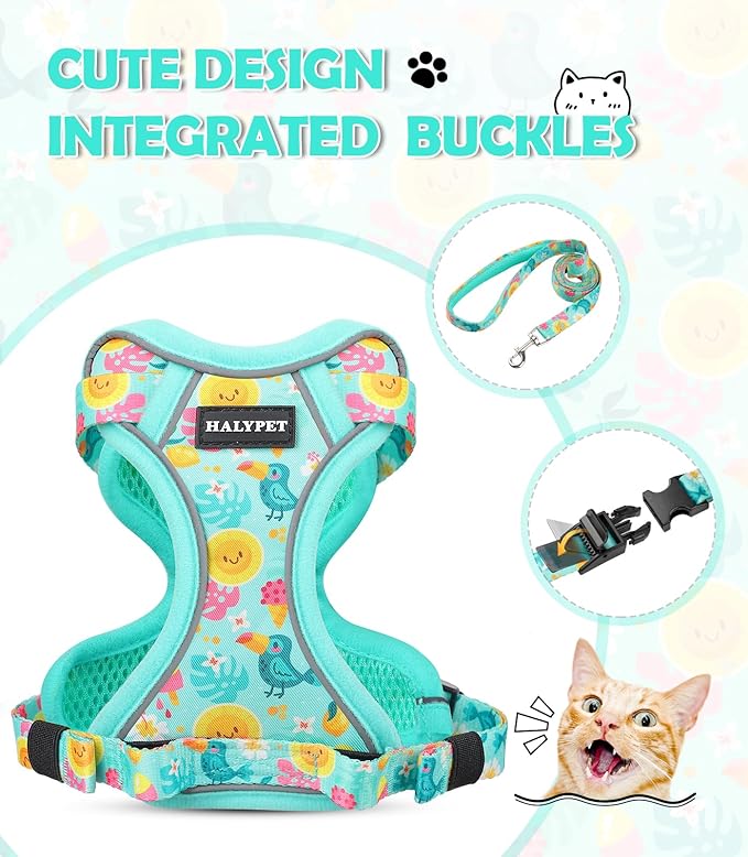 Halypet Cat Harness and Leash Set[MAX Safety 4th-Gen] Cute Escape Proof Vest Harness for Girl&Boy Cat Walking, Comfortable Adjustable Leash and Reflective Strips for Outdoor Kitten, M Green Tropics