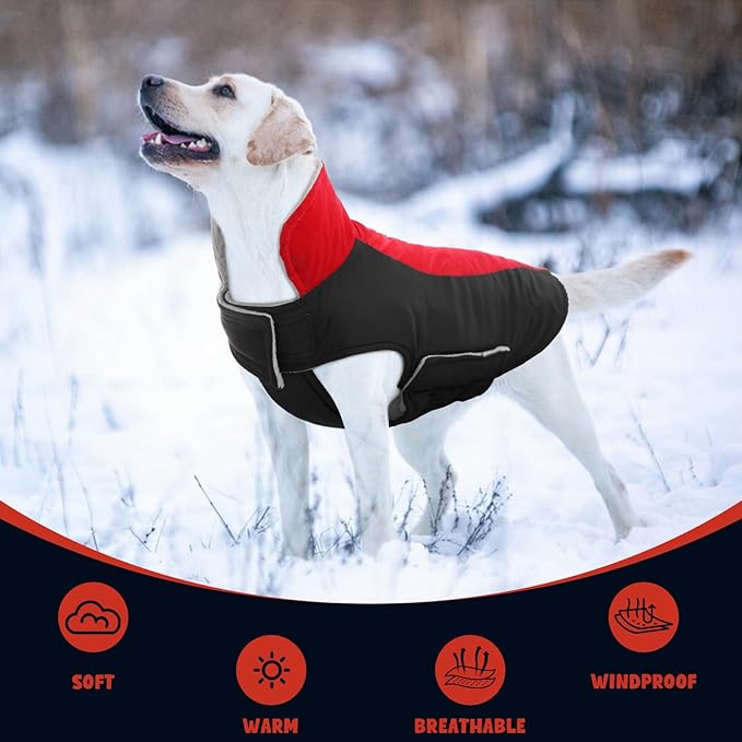 Warm Dog Coat,Waterproof Jacket in Winter Adjustable and Reversible Doggy Fleece Outfit,Thick Clothes with Foldable Collar for Puppy in Cold Days,2XL Red