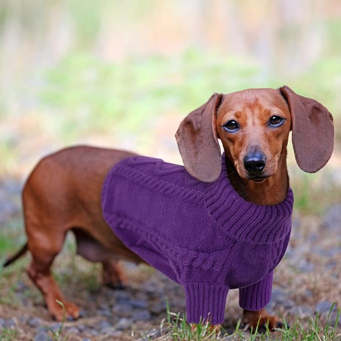 Queenmore Small Dog Pullover Sweater, Cold Weather Cable Knitwear, Classic Turtleneck Thick Warm Clothes for Chihuahua, Bulldog, Dachshund, Pug (Purple, Small)