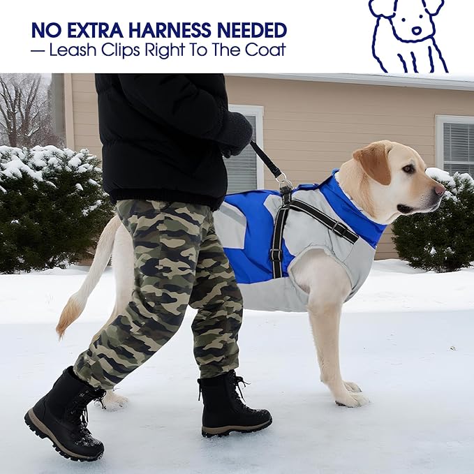 FUAMEY Dog Winter Jackets for Small Dogs,Dog Coat with Harness Built in,Waterproof Dogs Snowsuits Warm Pet Jacket Zip Up Fleece Cold Weather Coats Reflective Puppy Vest with Pocket Blue S