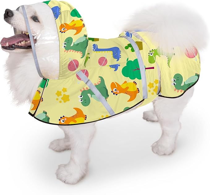 Dog Raincoat, Adjustable Rain Jacket with Hooded Double Layer for Large Medium Small Dogs Puppies, Lightweight Waterproof Rain Coat Poncho with Reflective Stripe Dinosaurs Yellow,L