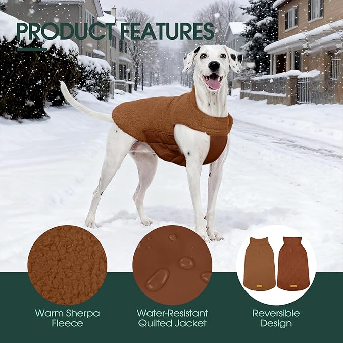Kuoser Reversible Dog Coat – Warm Fleece & Quilted Waterproof Dog Jacket, Double-Sided Cold Weather Dogs Winter Coat with Harness Hole, Windproof Pet Snow Vest for Small Medium Large Dogs, Brown 2XL