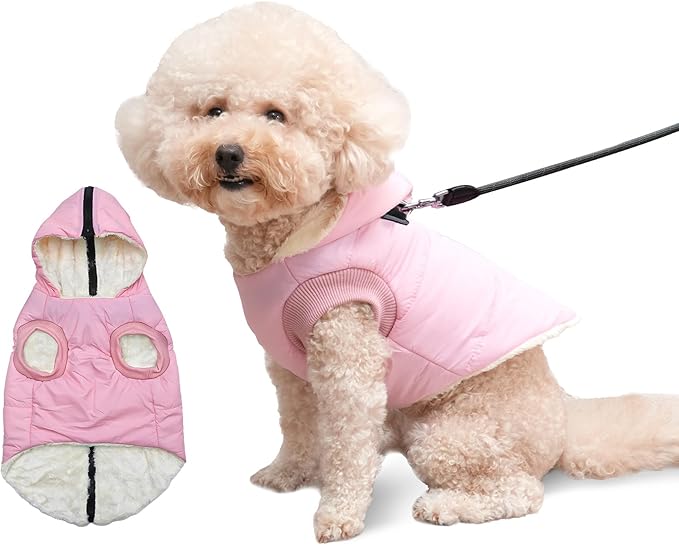 Fleece Lining Dog Hoodie with Harness Built in,Extra Warm Small Dog Jacket in Winter Puppy Coats with Hooded,Light Pink XS