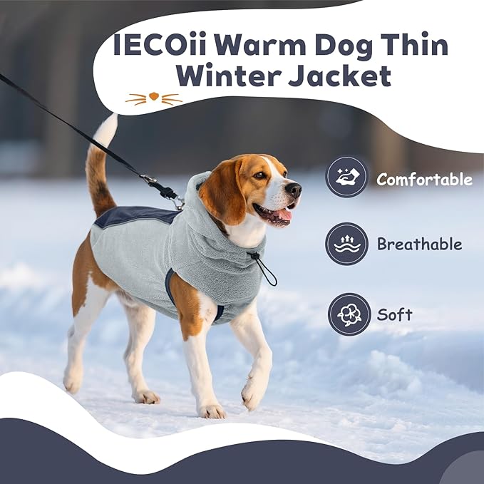 IECOii Dog Fleece Sweater for Medium Dogs, Dog Pullover Sweatshirt with Leash Hole & Reflective Stripes, Stretchable & Cozy Dogs Hoodie Windproof Hooded Sweaters for Fall Winter Walks, Blue, L