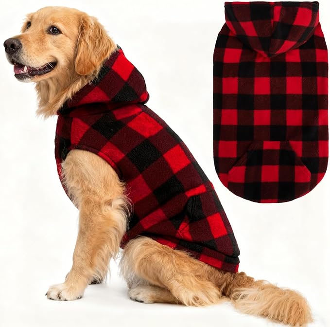 EXPAWLORER Dog Hoodie Fleece Sweater Vest, Plaid Dog Sweatshirt Fall Winter Pet Clothes with Leash Hole, Sleeveless Warm Cozy Puppy Clothing for Cat Small Medium Large Dogs Girl Boy, Checkered L