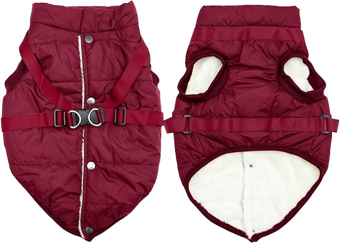 Dog Jacket with Harness,Fleece Lined Warm Puppy Coat for Winter,Soft Windproof Small Dog Vest,Red M